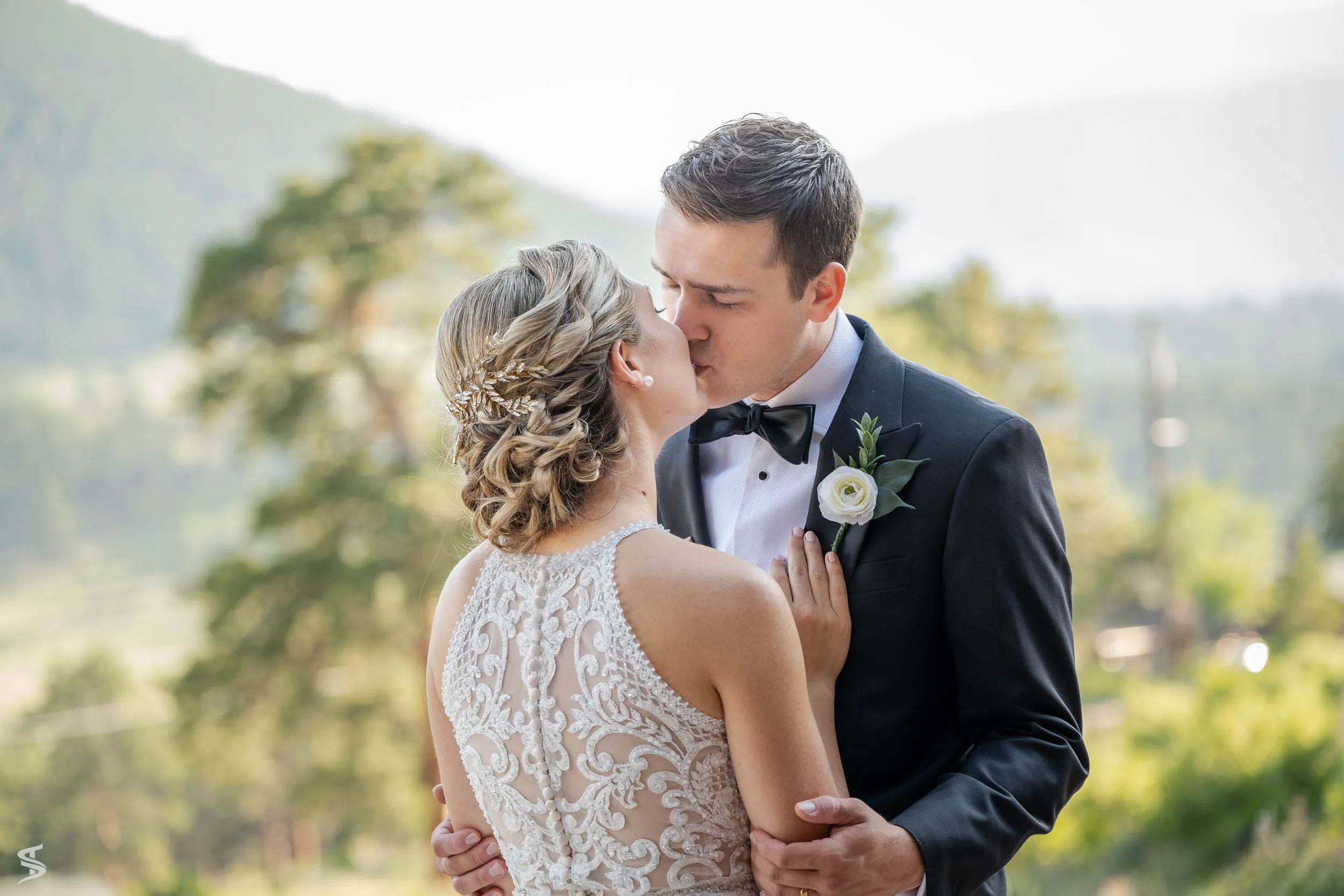 A quiet moment together for a bride and groom