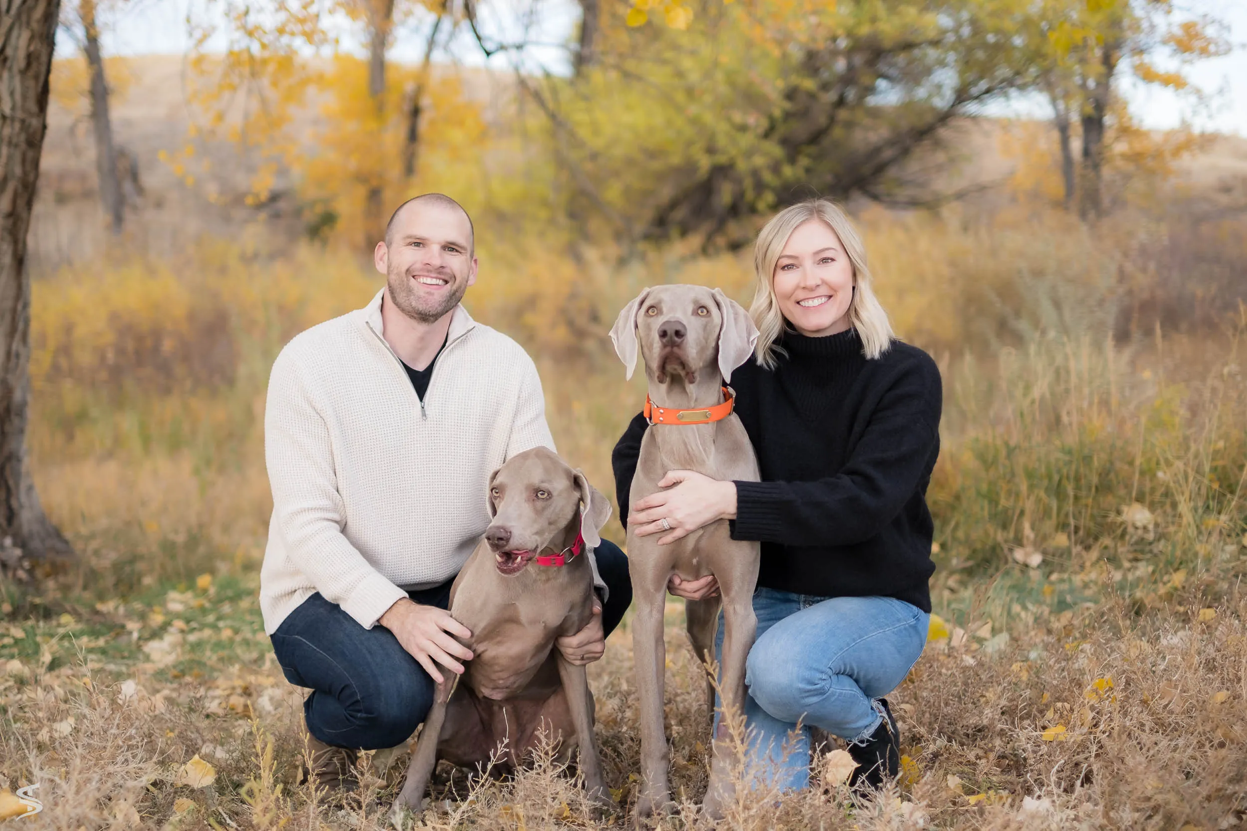 A couple with their two dogs in an autumn landscape