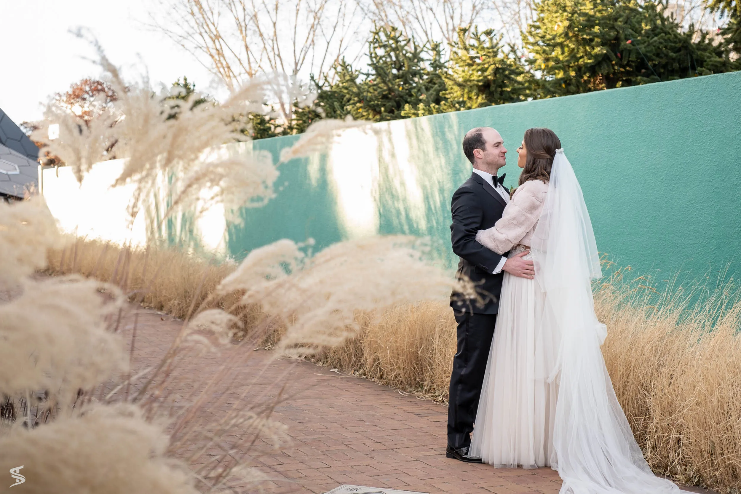 Bride and groom embracing beside a turquoise wall surrounded by ornamental grasses.