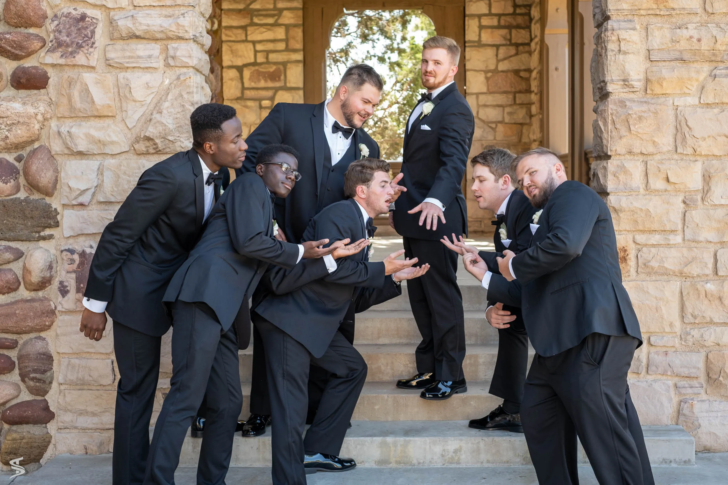 Groom and groomsmen striking playful poses on stone steps before the wedding.