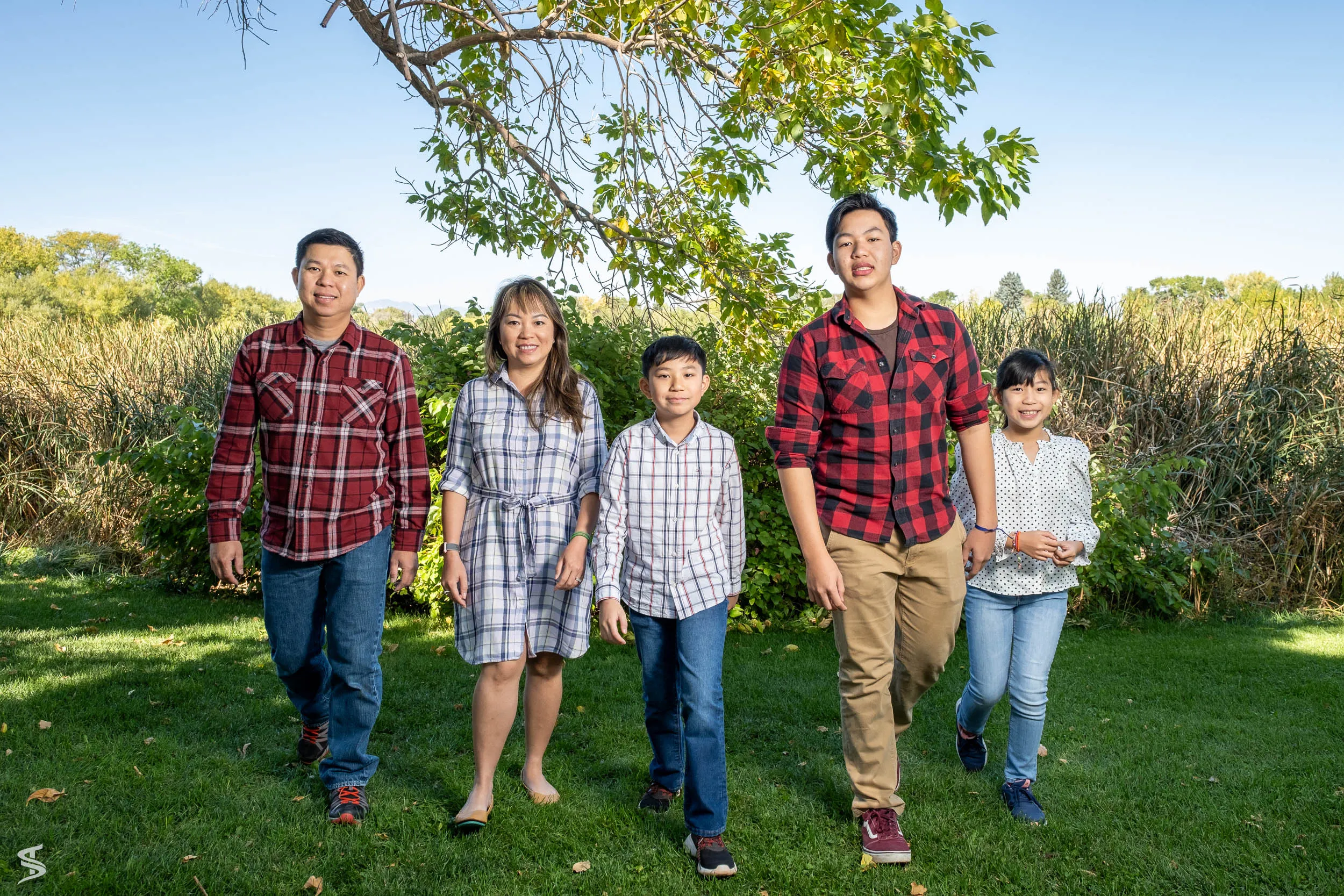 Family of five walking toward the camera across a grassy clearing beneath tree branches.