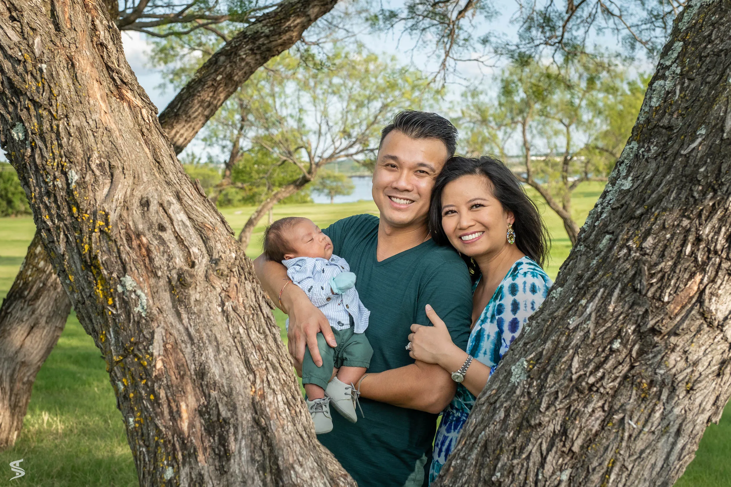 Parents cuddling their newborn baby between the spreading trunks of a large park tree.